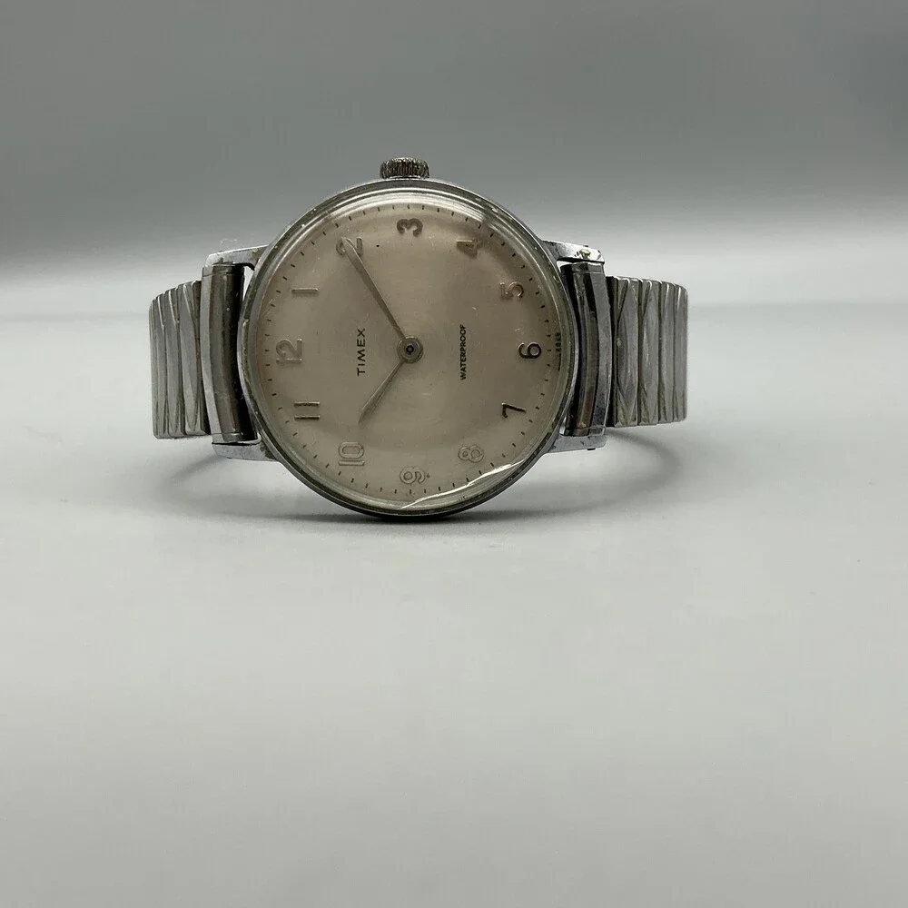 Vintage Timex Marlin Mens Watch 33mm Cracked Crystal Silver Tone Manual Wind